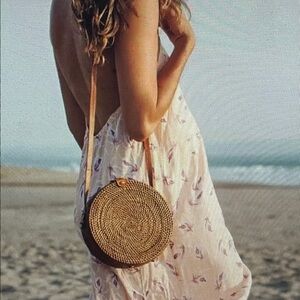 Anthropologie Bag Handwoven Round Rattan Wicker Crossbody Purse